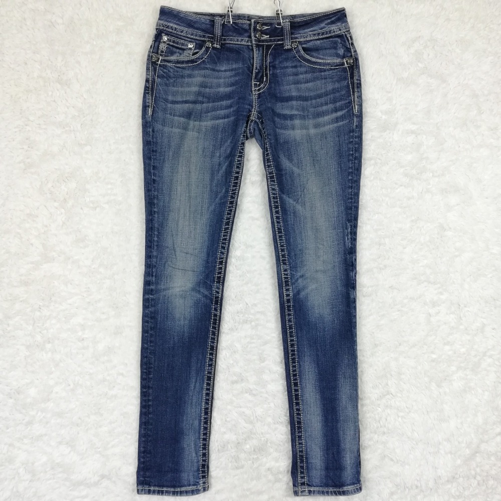 Miss Me Womens Jeans Skinny Blue Denim Flap Pocket Stone Wash Low Rise 29